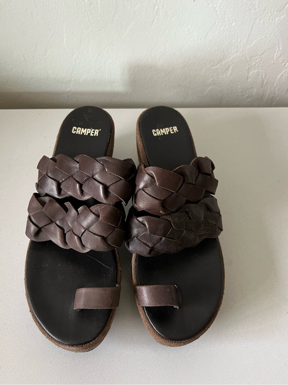 CAMPER Y2K Style Brown Braided Leather Suede Wedge Sandals Size 38